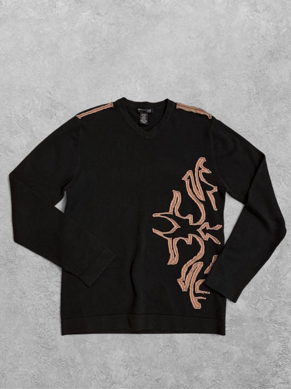 Kenneth Cole Black V-Neck Sweater with Brown Graphic Embroidery